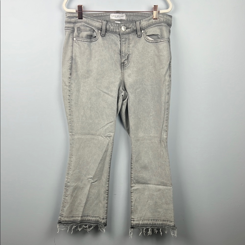 Lane Bryant midrise essential stretch girlfriend grey crop flare raw hem jeans